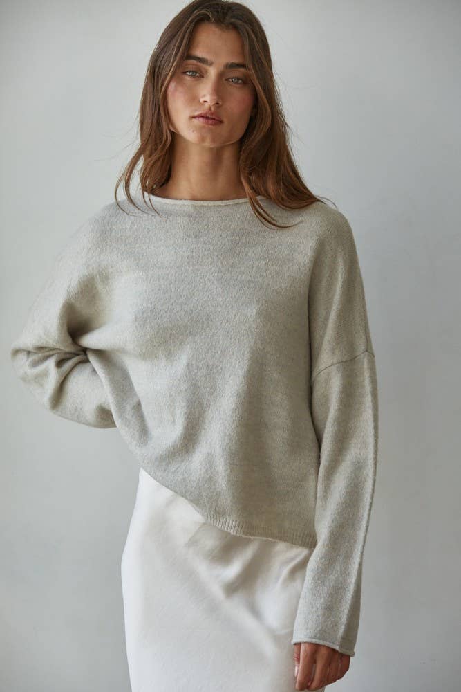 W2114 | Knit Sweater Rolled Round Neck Pullover Top