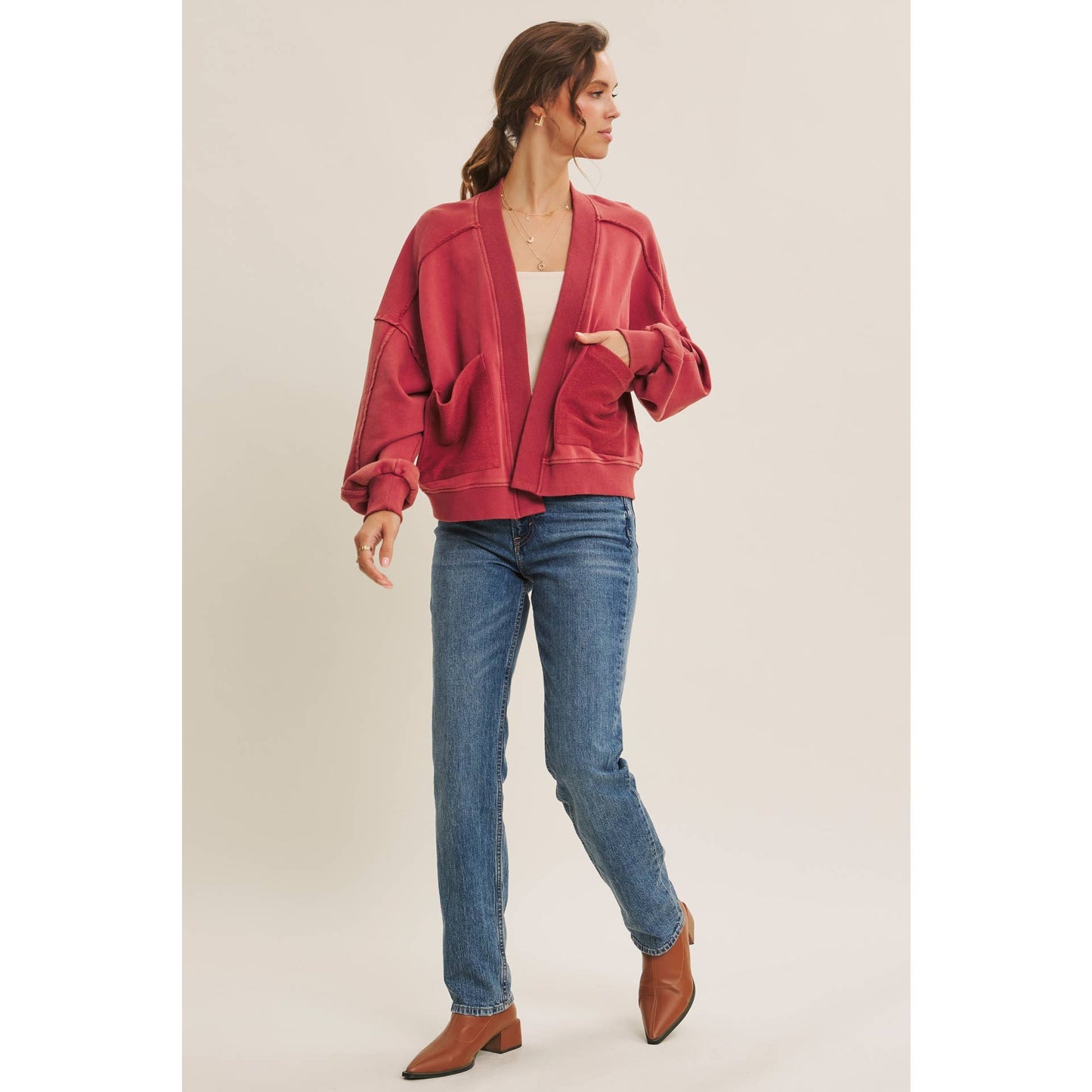 COZY FAVORITE MINERAL-WASHED FRENCH TERRY CARDIGAN