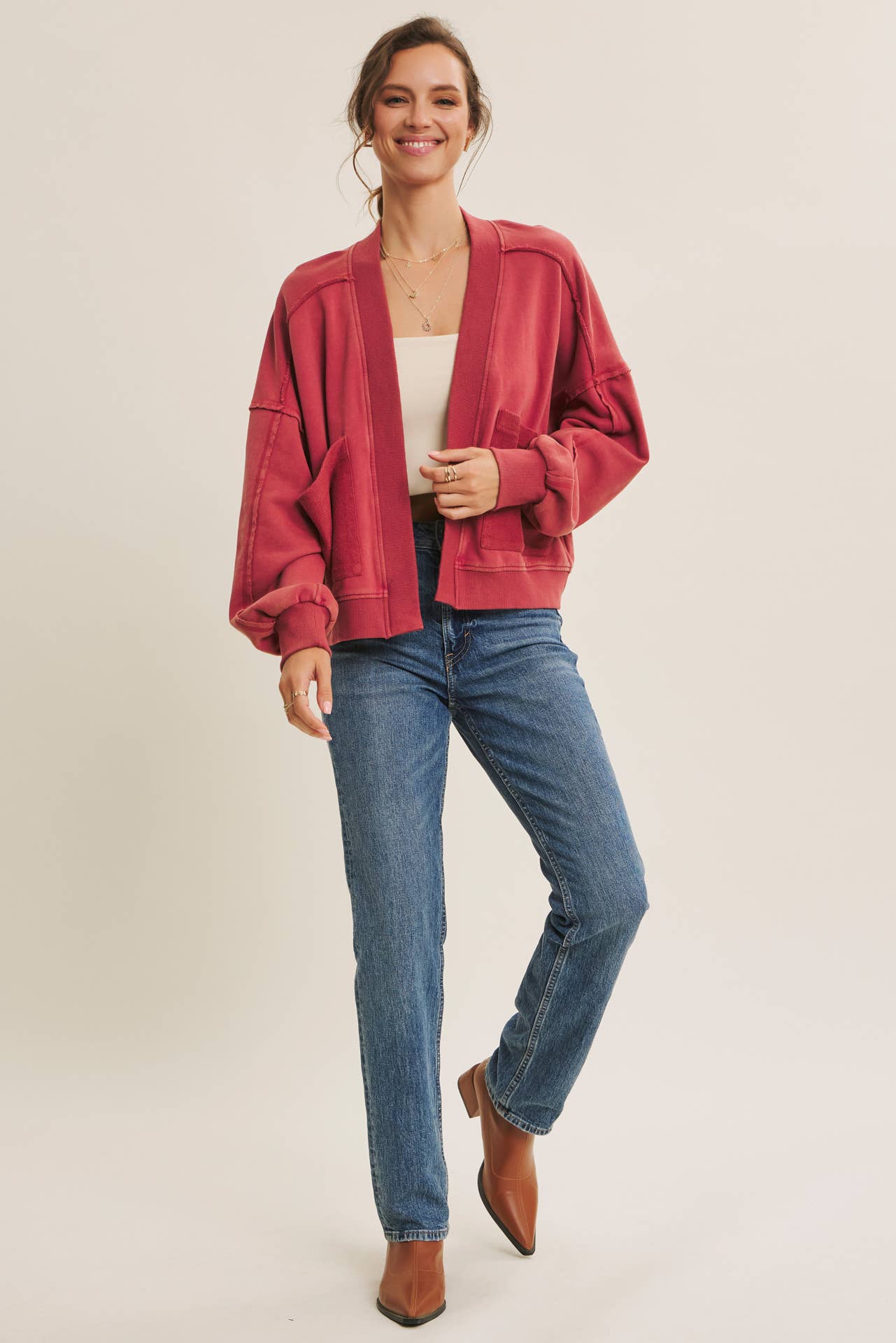 COZY FAVORITE MINERAL-WASHED FRENCH TERRY CARDIGAN