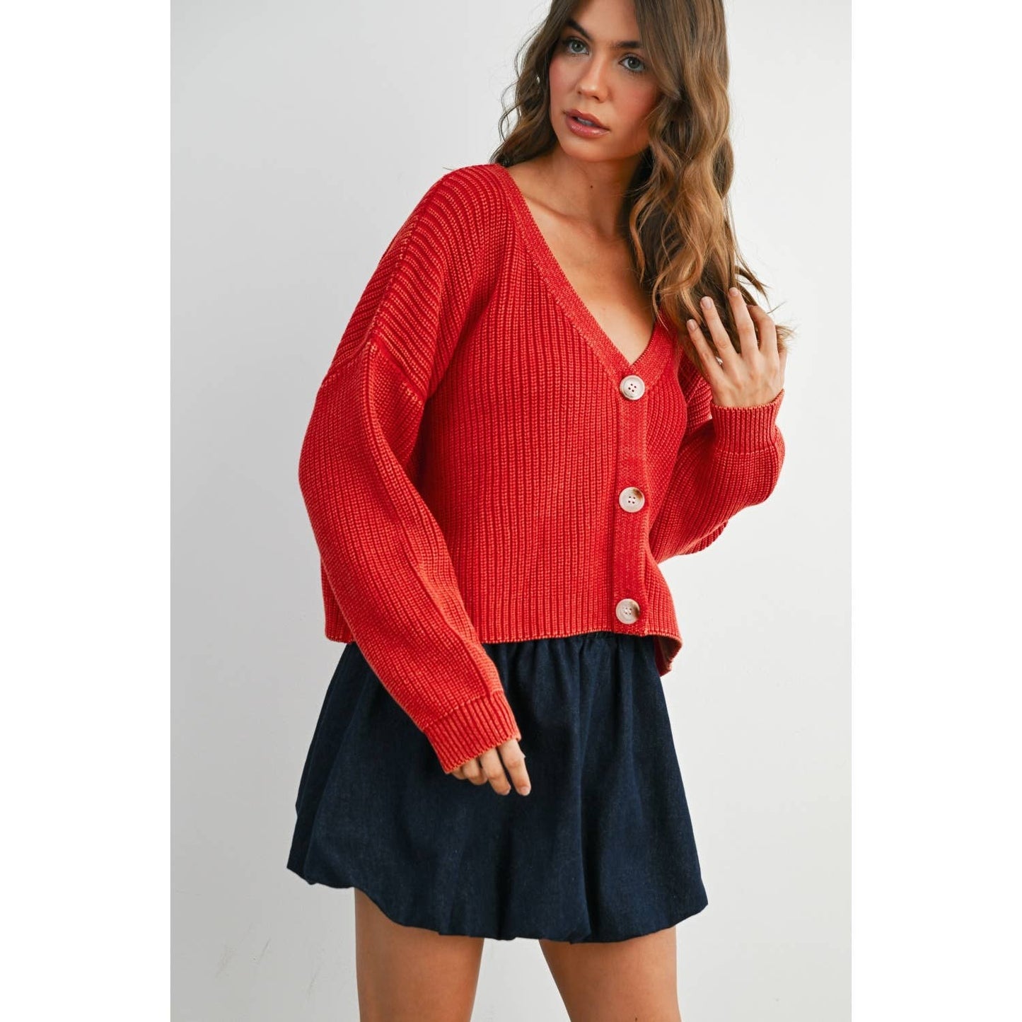 V-Neck Buttoned Ribbed Long Sleeve Cardigan - BMC7773