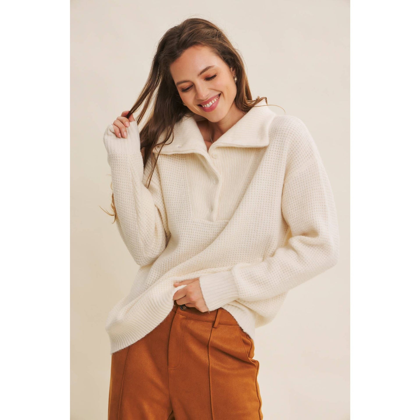 PLANET-FRIENDLY ESSENTIAL WOOL WAFFLE KNIT PULLOVER SWEATER