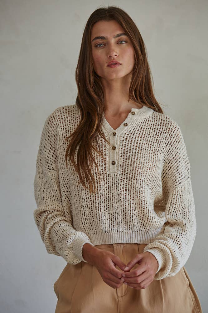 W1742 | Knit Sweater Neck Henley See Through Pullover Top