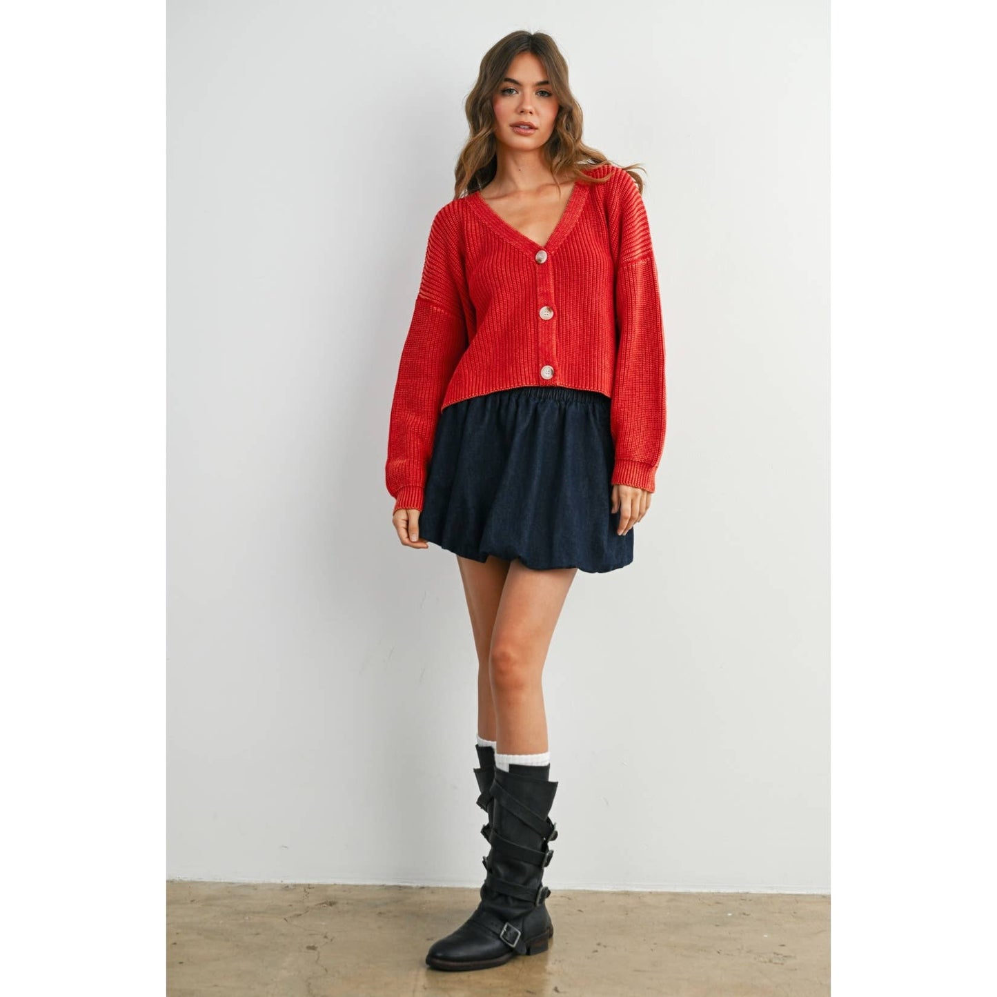 V-Neck Buttoned Ribbed Long Sleeve Cardigan - BMC7773