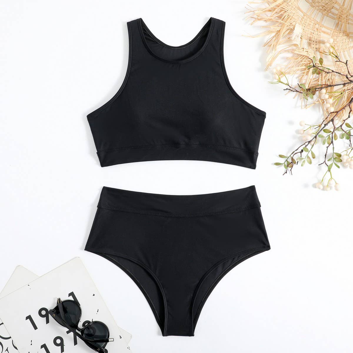 High Waist Bikini Set - Solid Color Swimsuit_CWMW0191