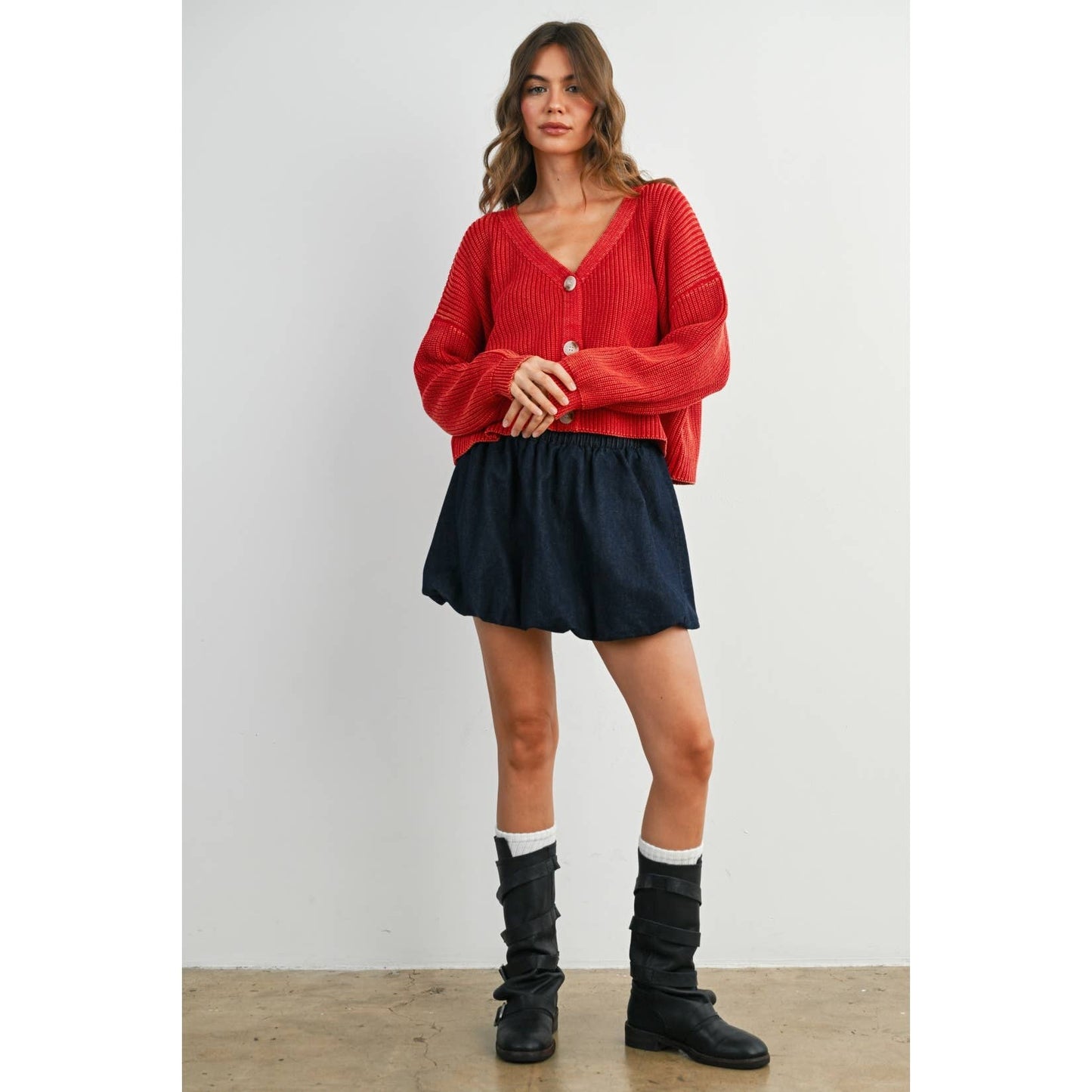 V-Neck Buttoned Ribbed Long Sleeve Cardigan - BMC7773