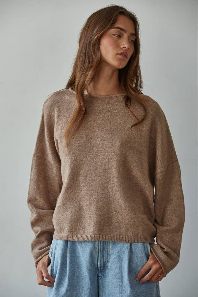 W2114 | Knit Sweater Rolled Round Neck Pullover Top