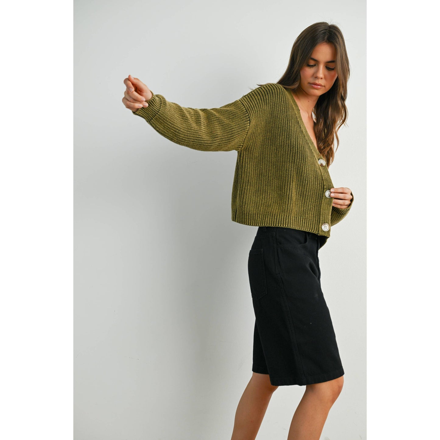 V-Neck Buttoned Ribbed Long Sleeve Cardigan - BMC7773