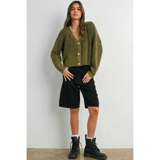 V-Neck Buttoned Ribbed Long Sleeve Cardigan - BMC7773