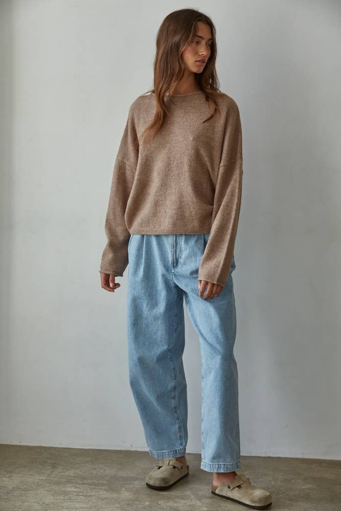 W2114 | Knit Sweater Rolled Round Neck Pullover Top