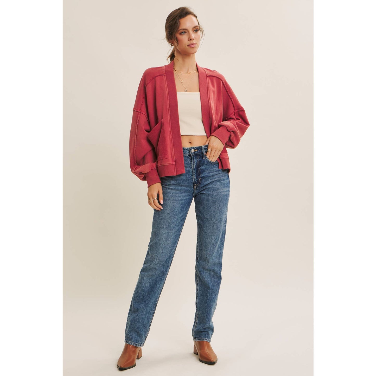 COZY FAVORITE MINERAL-WASHED FRENCH TERRY CARDIGAN