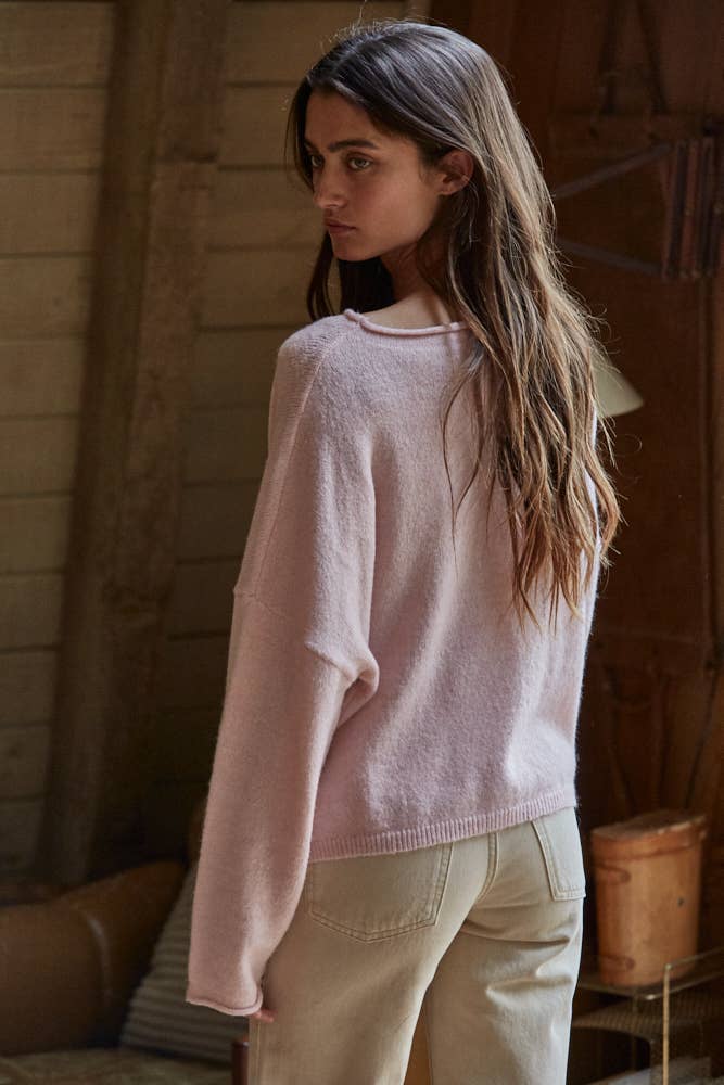 W2114 | Knit Sweater Rolled Round Neck Pullover Top