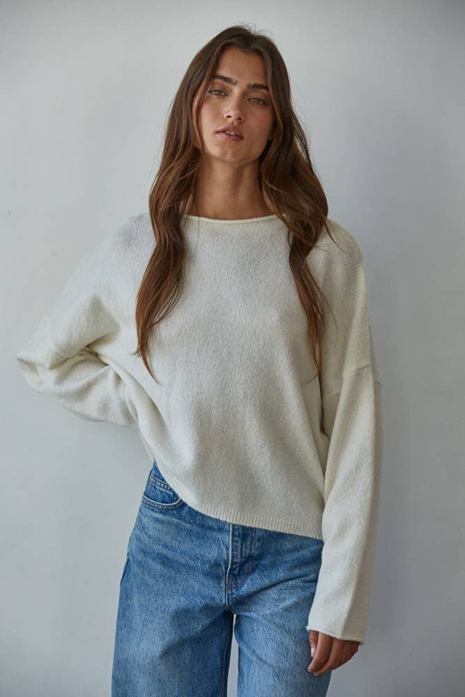 W2114 | Knit Sweater Rolled Round Neck Pullover Top