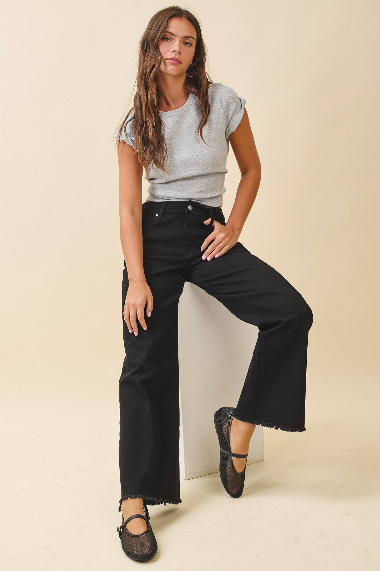 7164GK Wide Leg Raw Hem Denim Pants