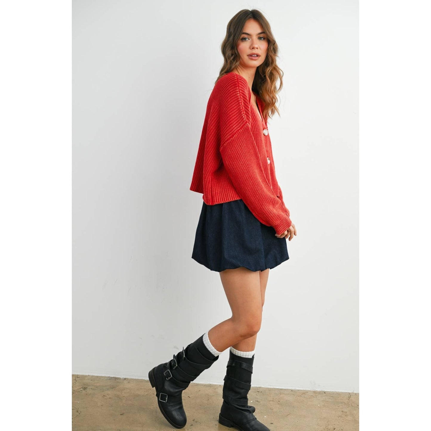 V-Neck Buttoned Ribbed Long Sleeve Cardigan - BMC7773