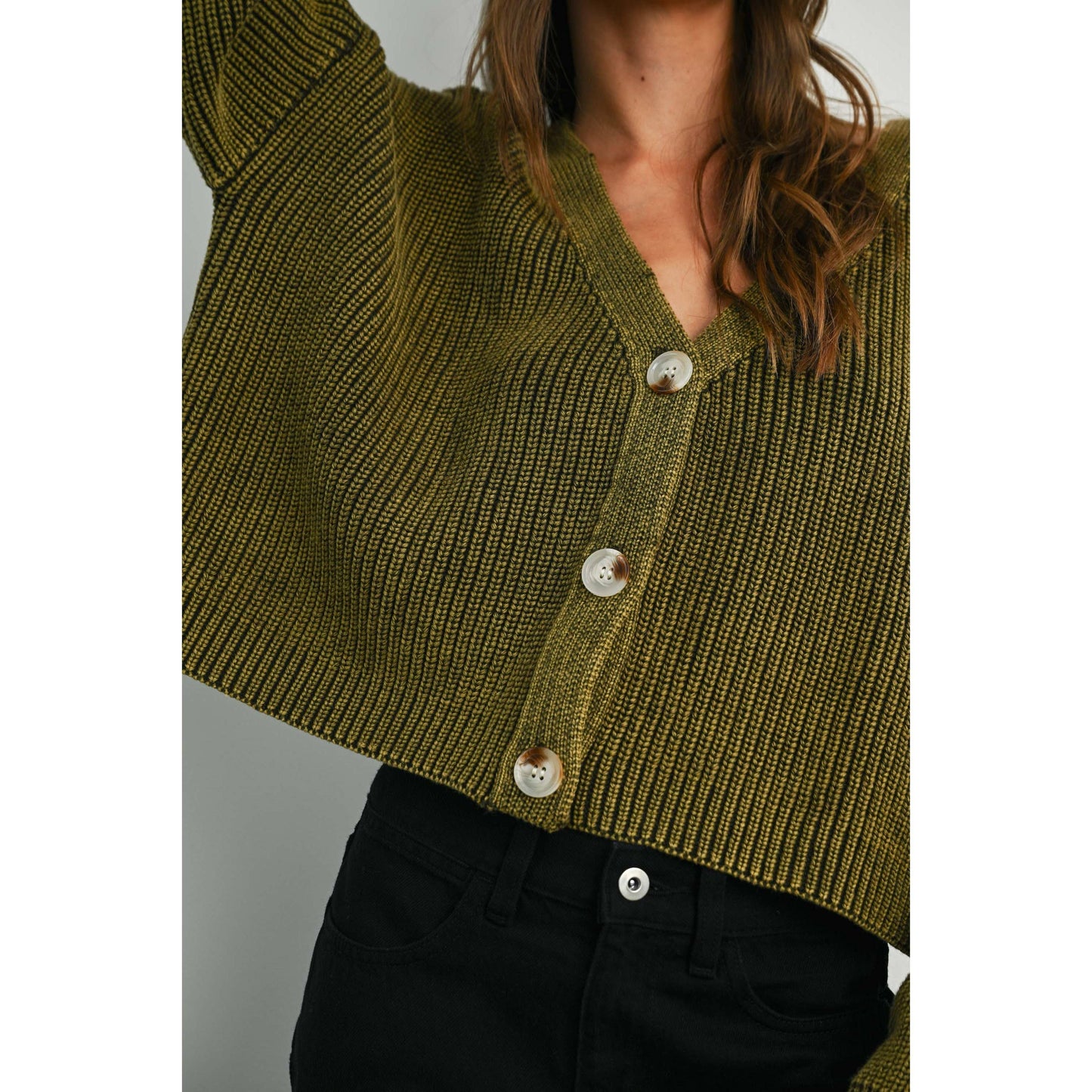 V-Neck Buttoned Ribbed Long Sleeve Cardigan - BMC7773