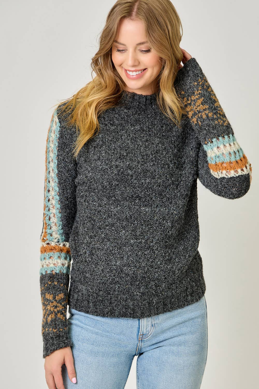 61313 Mock Neck Fair Isle Cuff Sweater