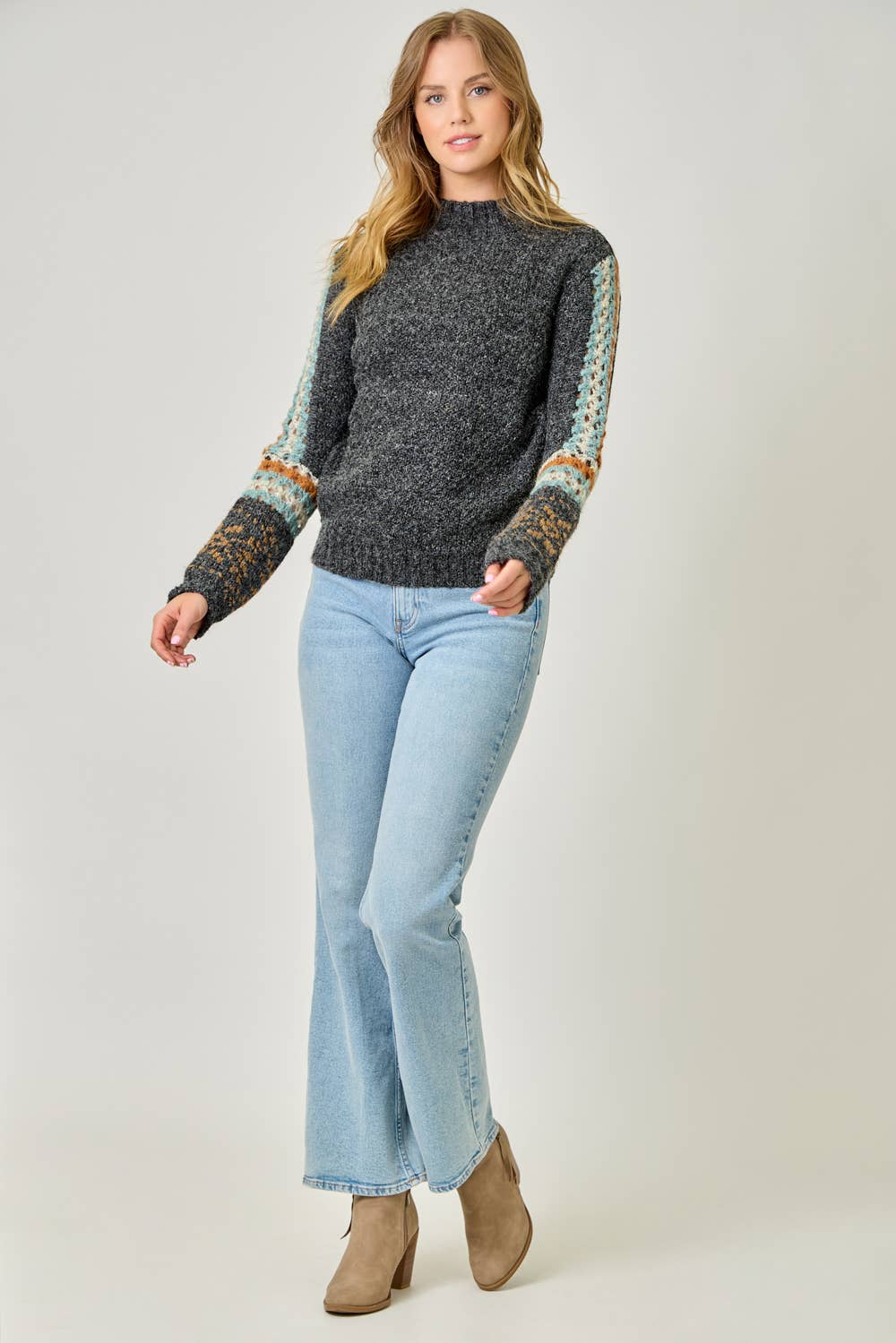 61313 Mock Neck Fair Isle Cuff Sweater