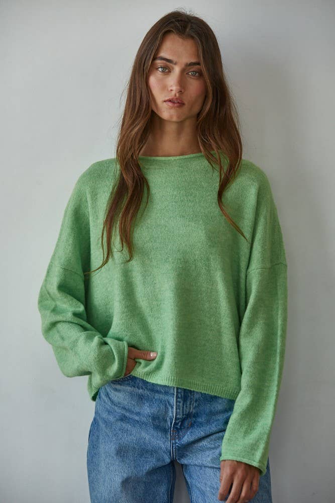 W2114 | Knit Sweater Rolled Round Neck Pullover Top