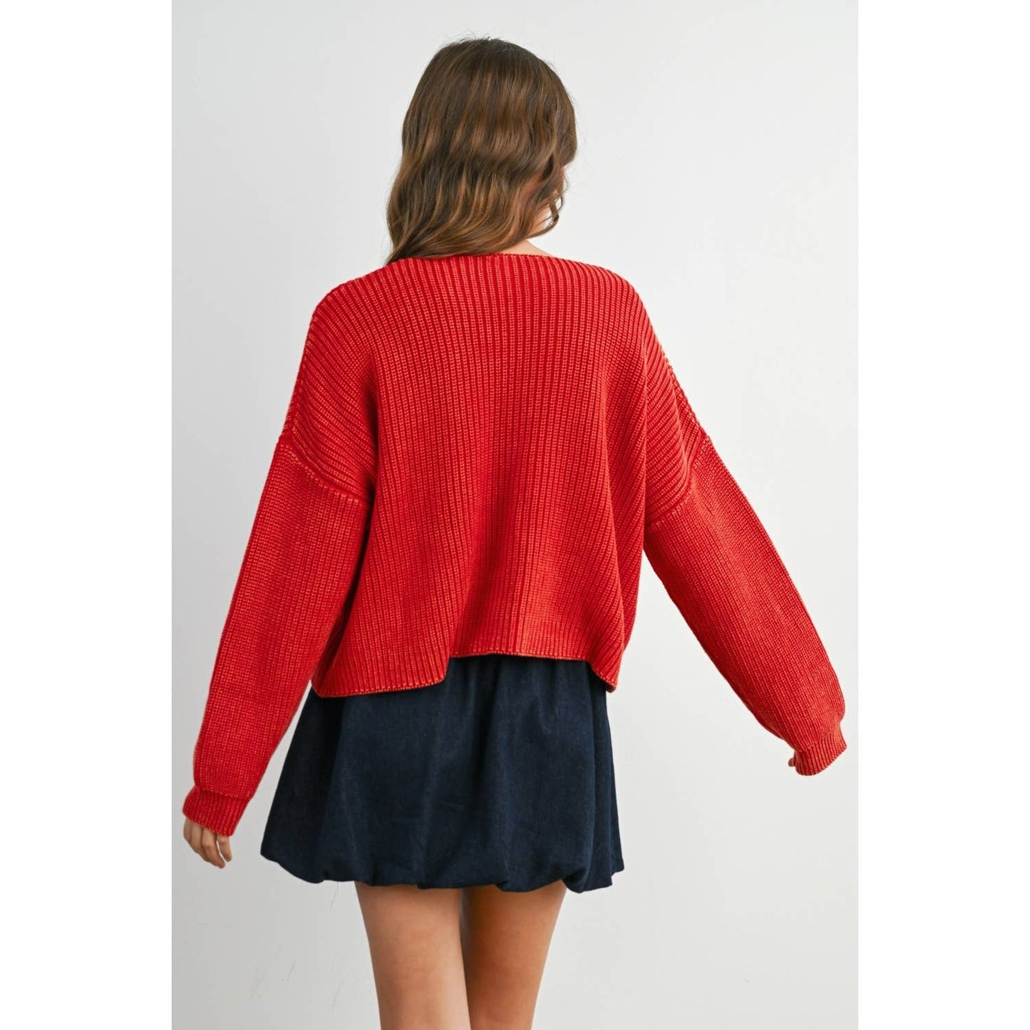 V-Neck Buttoned Ribbed Long Sleeve Cardigan - BMC7773