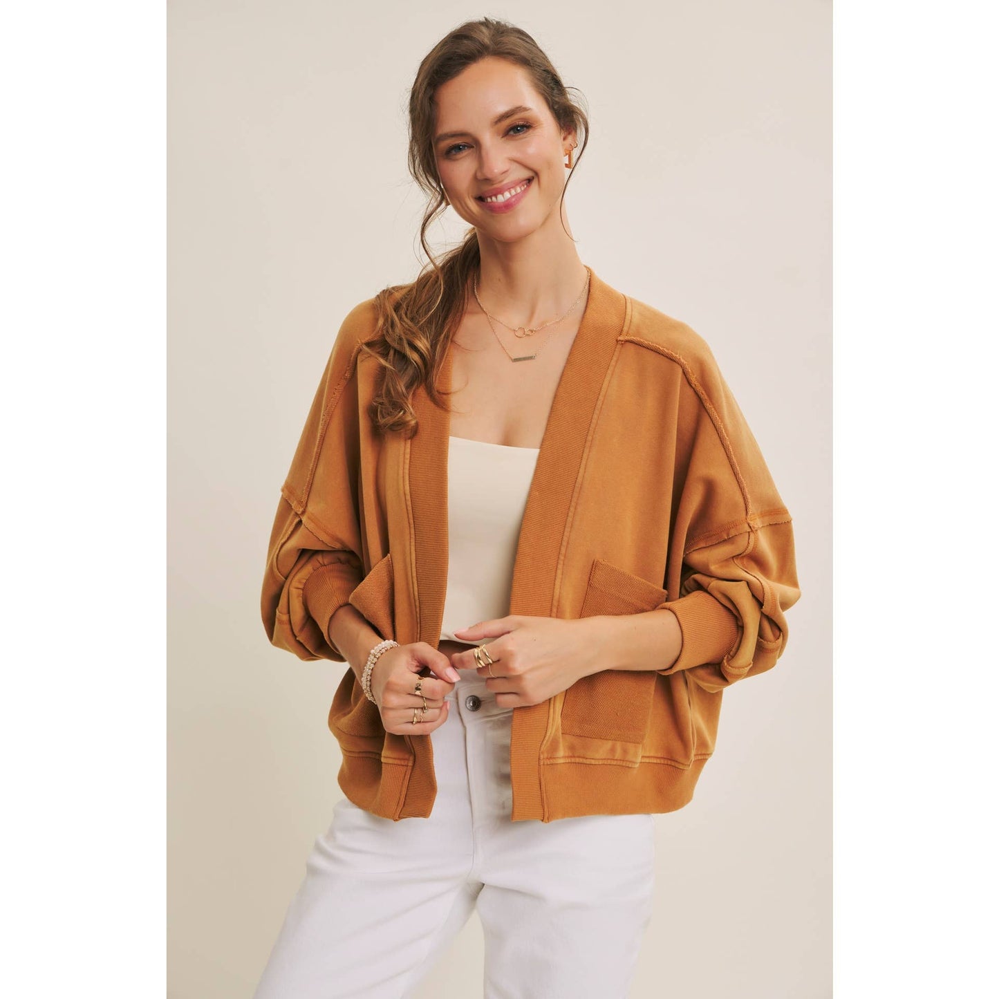 COZY FAVORITE MINERAL-WASHED FRENCH TERRY CARDIGAN