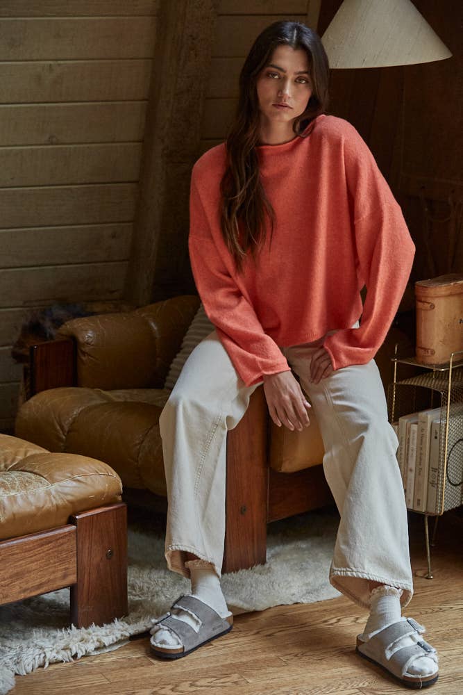 W2114 | Knit Sweater Rolled Round Neck Pullover Top