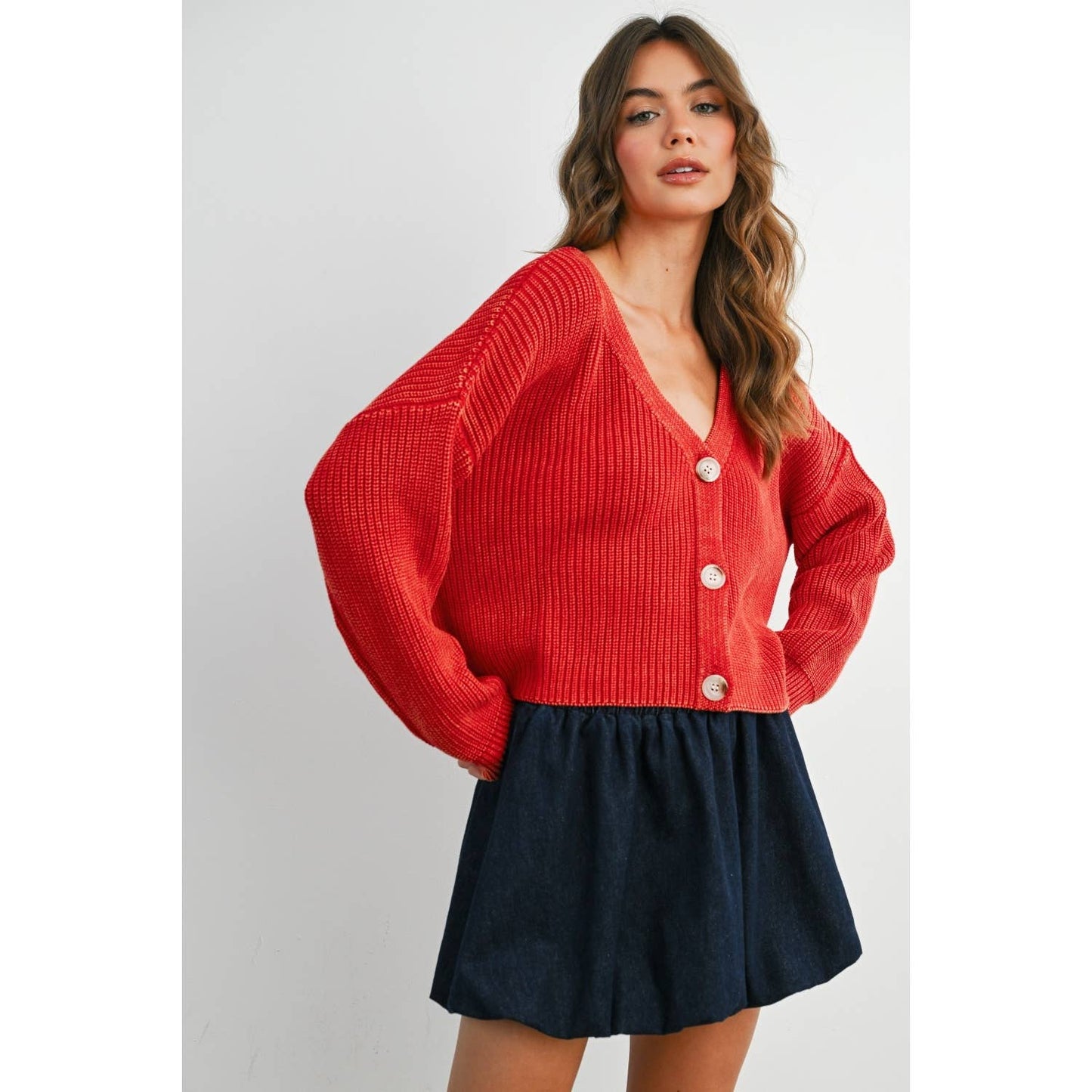 V-Neck Buttoned Ribbed Long Sleeve Cardigan - BMC7773