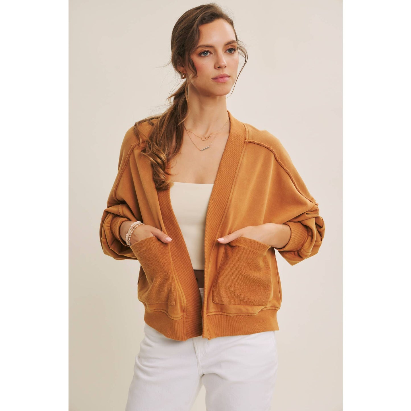 COZY FAVORITE MINERAL-WASHED FRENCH TERRY CARDIGAN