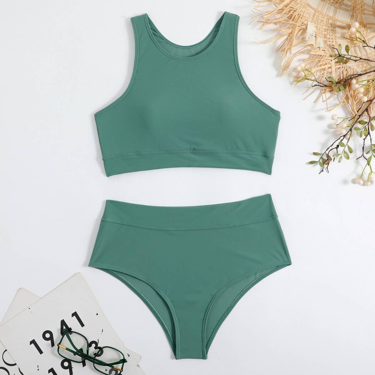 High Waist Bikini Set - Solid Color Swimsuit_CWMW0191