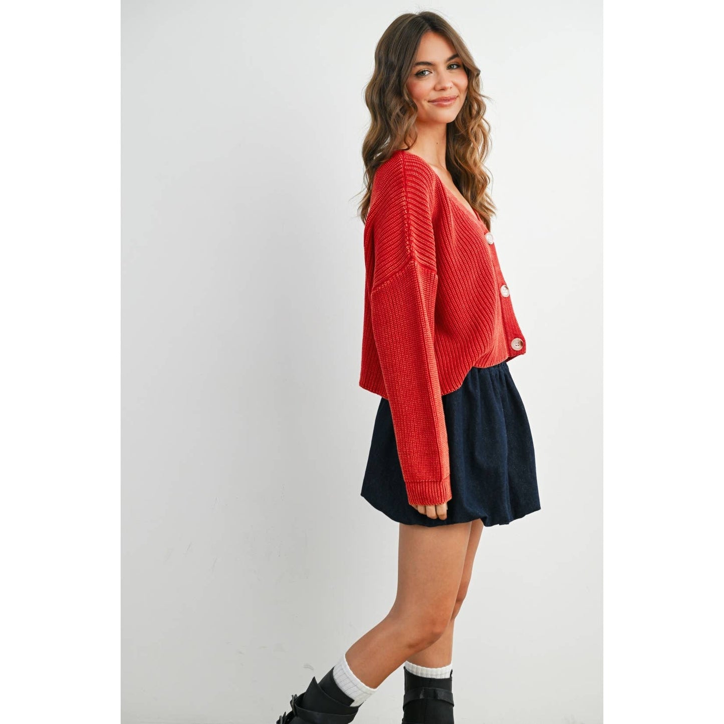 V-Neck Buttoned Ribbed Long Sleeve Cardigan - BMC7773