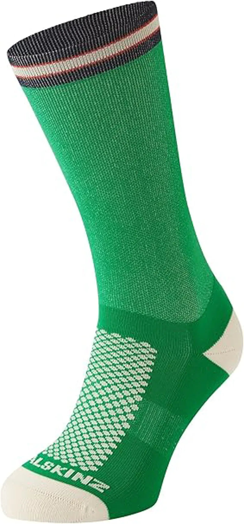 Sealskinz Caister Socks in green with striped cuff, white toe/heel, and dotted sole pattern. Waterproof, breathable outdoor sock.
