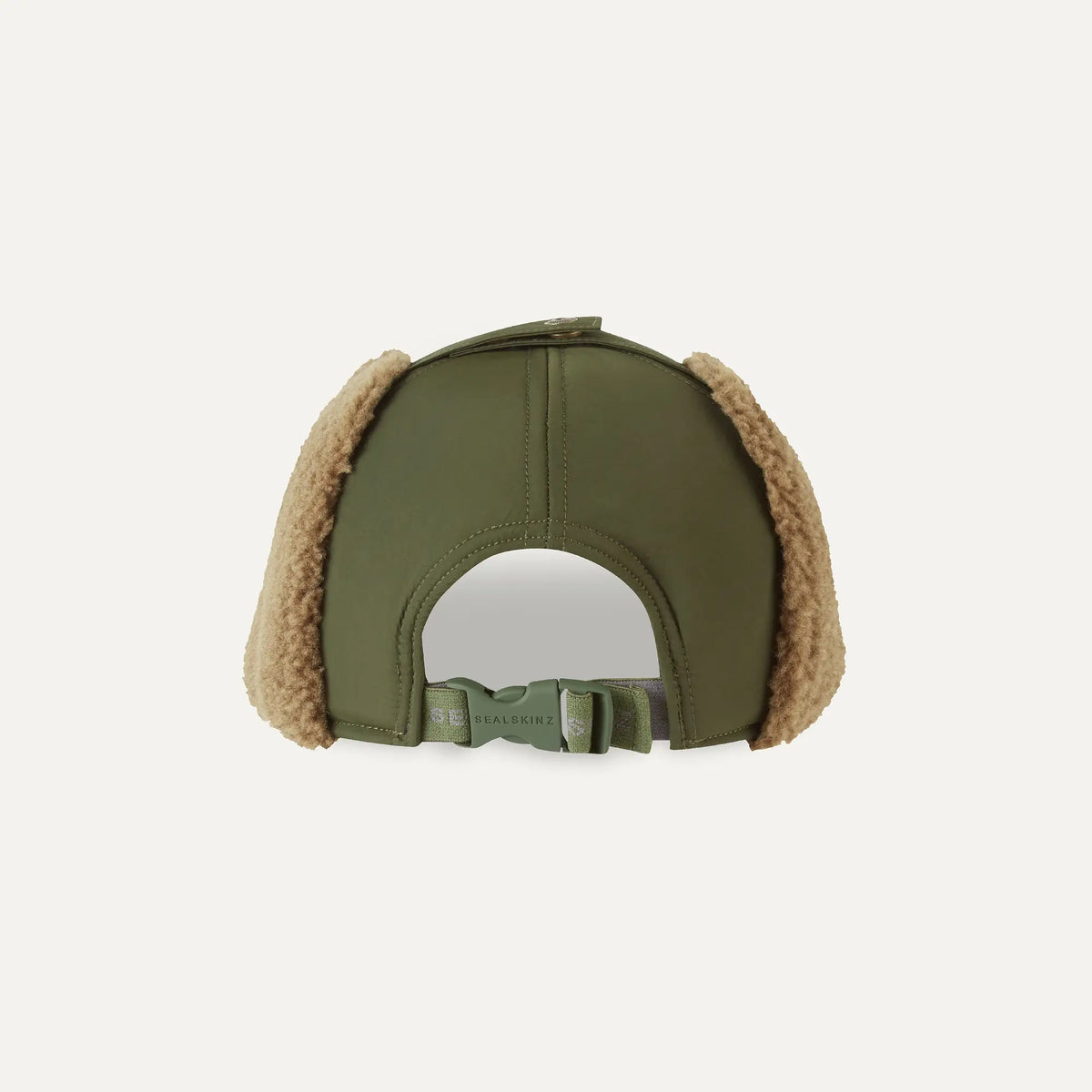 Upton Hats Sealskinz olive green trapper hat, back view with brown faux fur ear flaps and adjustable buckle.