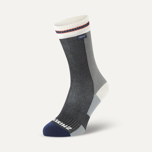 Sealskinz Billockby Socks, a dark grey, light grey, white, and navy waterproof sock with striped cuff and Aquasealz tag.