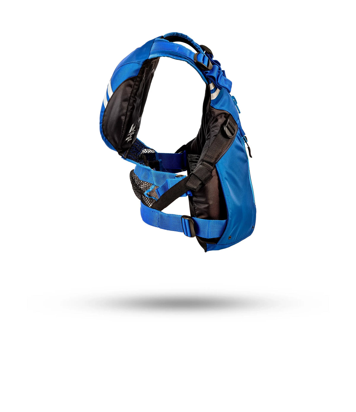 Stohlquist Trekker | Astral blue and black paddling life vest (PFD) with adjustable straps and buckles, isolated on white.