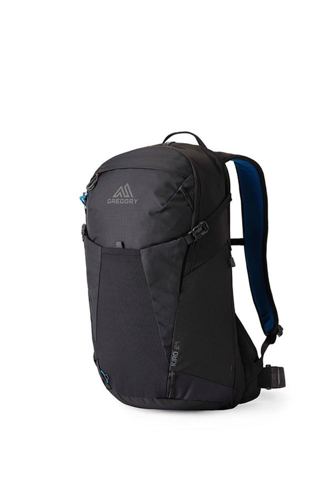 Gregory Kiro 24 backpack in black with blue accents, ideal for hiking or daily use, shown on a white background.