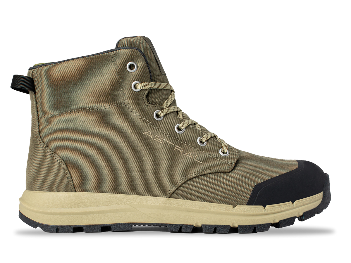 Astral Pisgah olive green high-top outdoor boot with tan sole and black toe, side view.