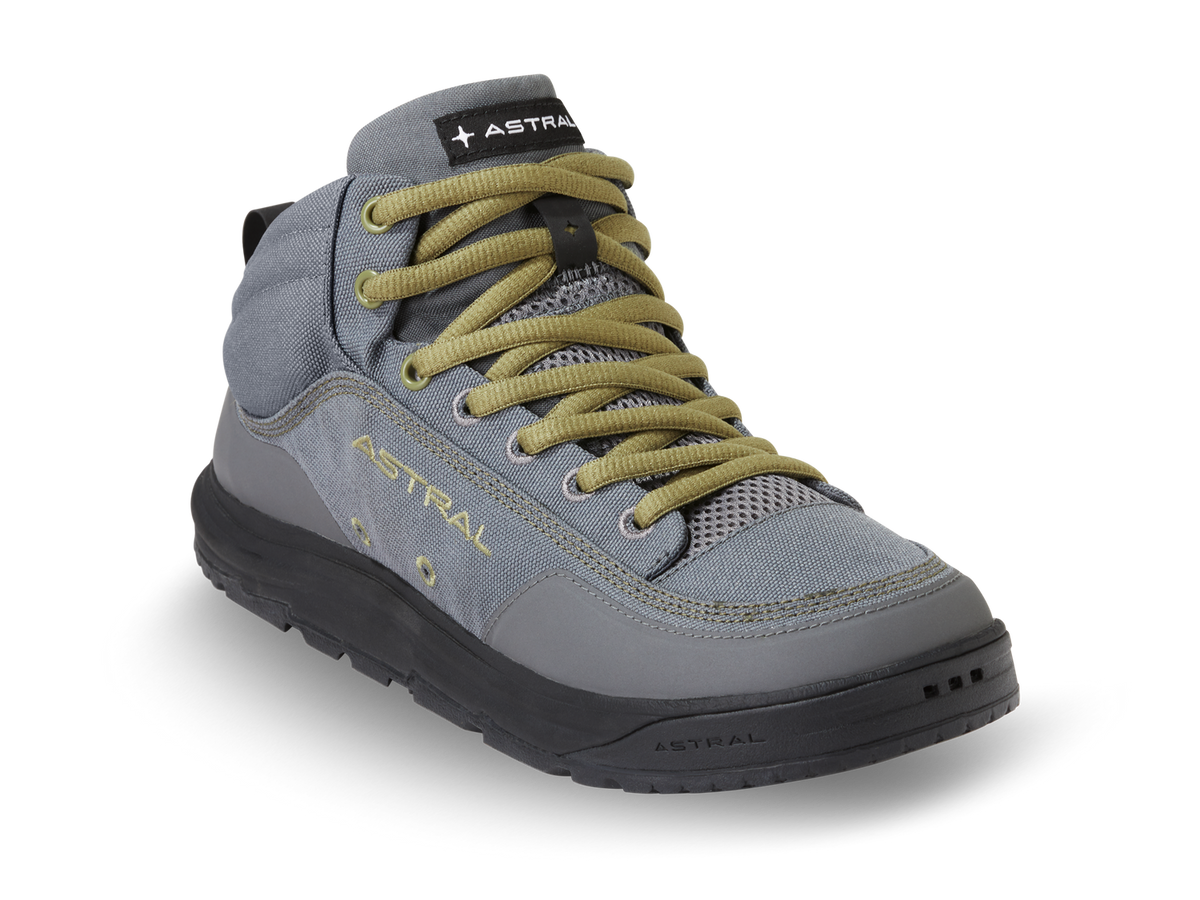 Astral Rassler grey and black high-top outdoor shoe, featuring olive green laces and rugged sole.