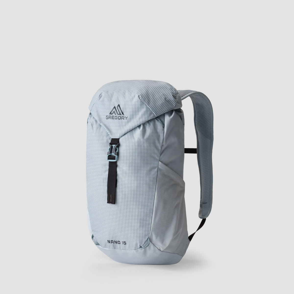 Gregory Nano 16 lightweight backpack in light blue with grid pattern, featuring a Gregory logo and padded straps.