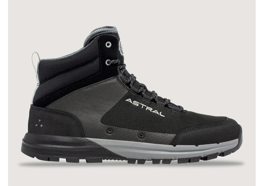 Astral Tr1 Merge black and grey mid-top hiking boot with a durable sole and laces, shown against a light background.