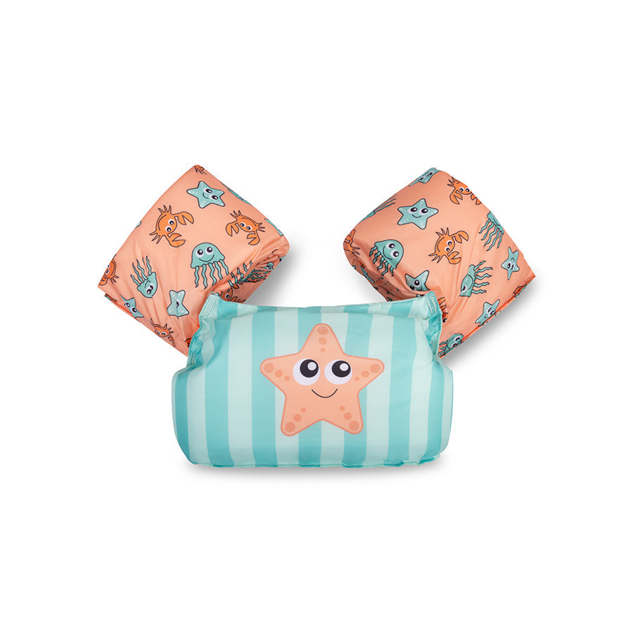 Child and Infant Puddle Jumper PFD, blue striped with a happy starfish, and coral arm floats with jellyfish and crabs.