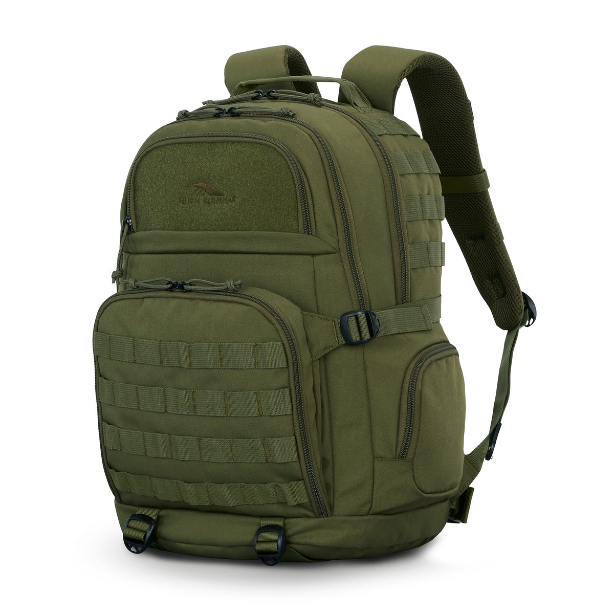 High Sierra Pathsetter Backpack in olive green, featuring multiple storage compartments, MOLLE webbing, and padded straps.