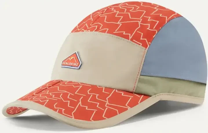 Sealskinz Poringland Hat, multi-colored with orange geometric pattern, beige, blue, and green panels.