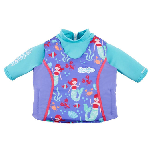 Puddle Jumper Child and Infant PFD, blue long-sleeve swim vest with purple mermaid & sea creature pattern, UPF 50+ sun protection.