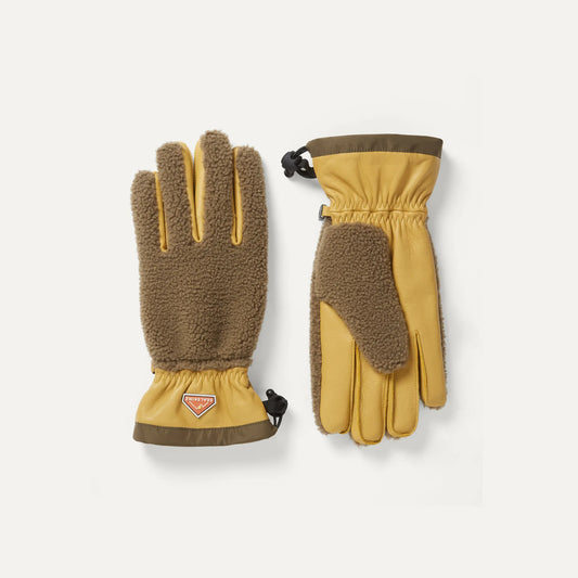 Sealskinz Garvestone Gloves: yellow leather with brown fleece accents and adjustable cuffs, for winter warmth.