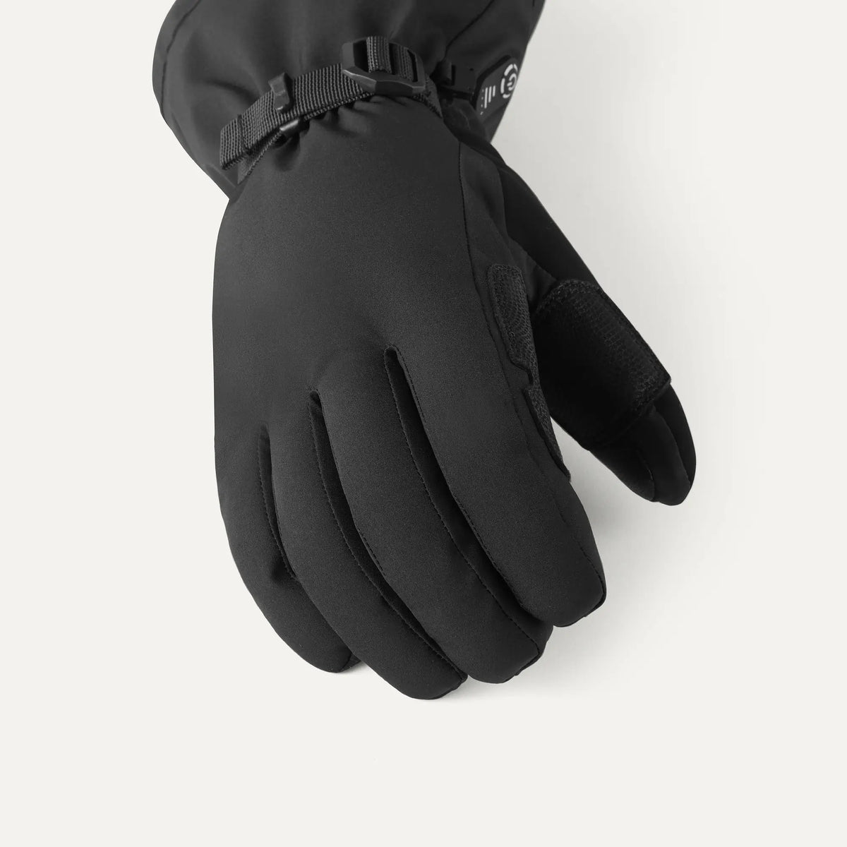 Sealskinz Stowbridge Gloves. Black outdoor glove, close-up showing palm, fingers, and adjustable wrist strap detail.