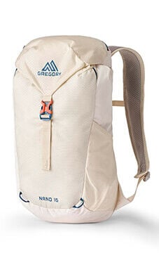 Light beige Gregory Nano 16 lightweight daypack with orange and blue buckle closure. Compact and durable for everyday adventures.