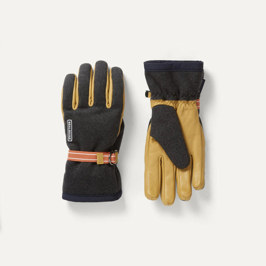 Sealskinz Toftwood Gloves, dark grey felt and tan leather, waterproof winter gloves with orange strap and D-ring