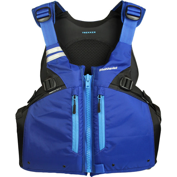 Stohlquist Trekker Astral blue and black PFD life vest for kayaking and paddle sports, with front zipper and pockets.