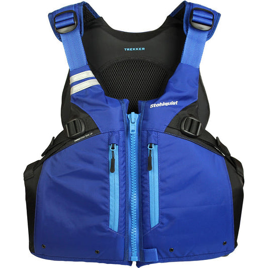 Stohlquist Trekker Astral blue and black PFD life vest for kayaking and paddle sports, with front zipper and pockets.