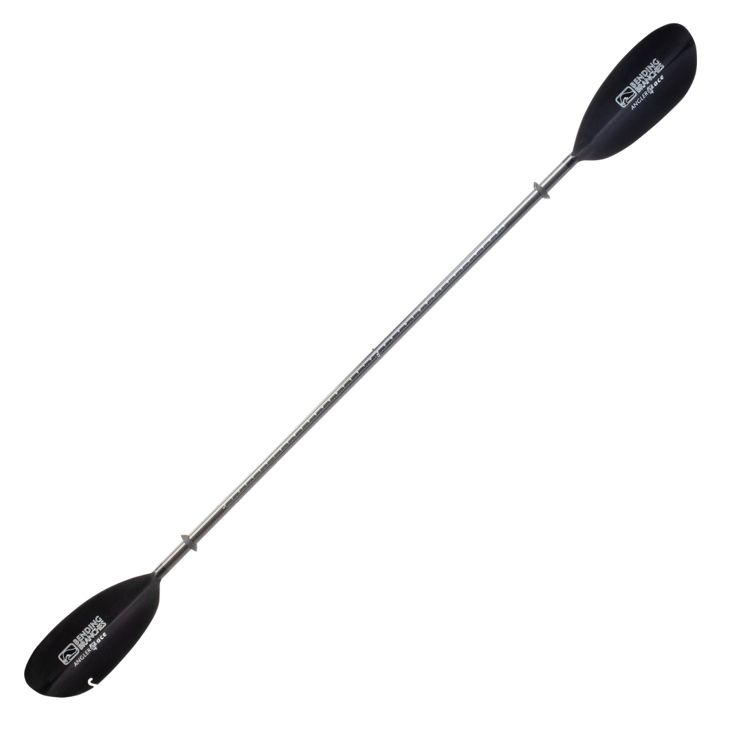 Bending Branches Angler Ace kayak paddle with black blades, silver shaft, and fish measuring ruler markings