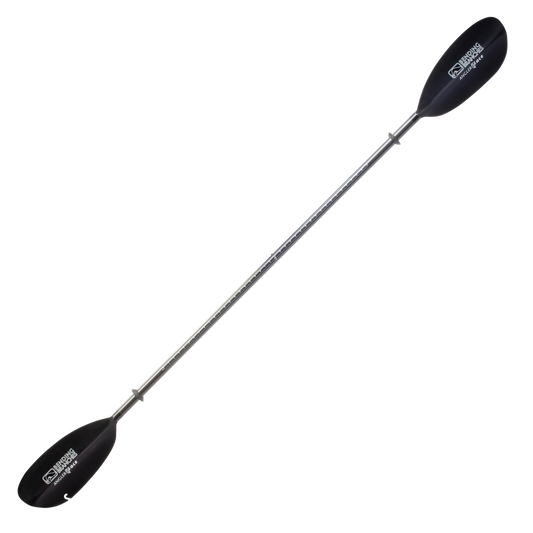 Bending Branches Angler Ace kayak paddle with black blades, silver shaft, and fish measuring ruler markings